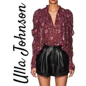ULLA JOHNSON Renly 100% Silk Sheer Floral Puff Sleeve Tie Neck Blouse, Size 0